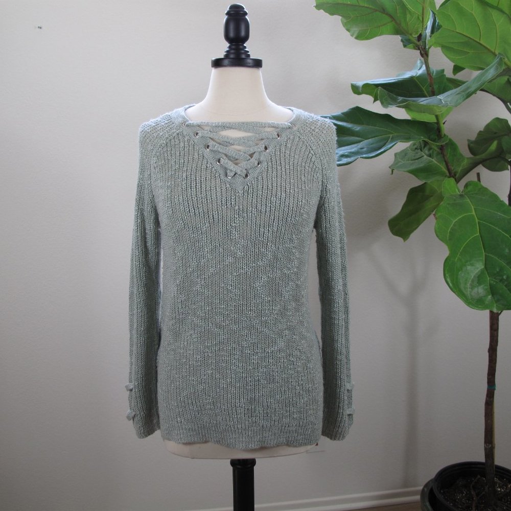 HIPPIE ROSE Lace Up Neck Sweater - Picture 2 of 14